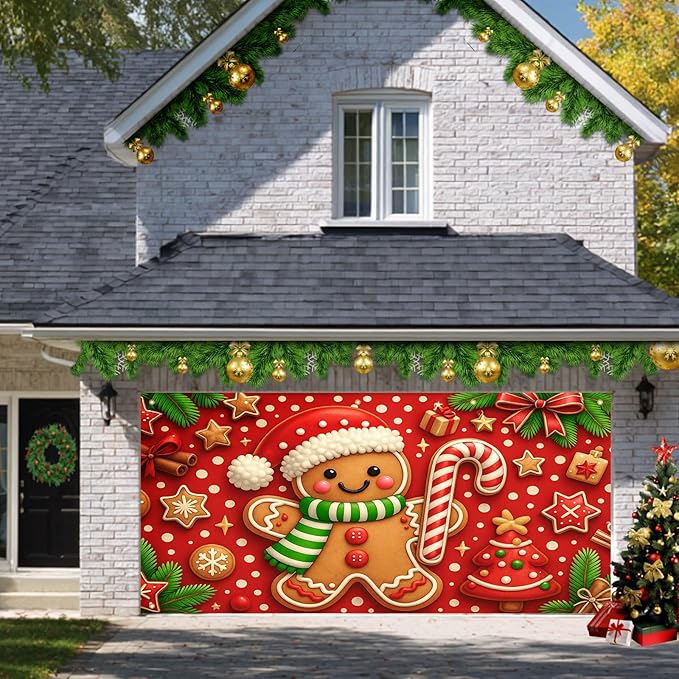 HOMETITUTE Christmas Door Banner 13x6ft Festive Gingerbread Man Red White Candy Cane Red Polka Dot Background Holiday Porch Decoration Winter Seasonal Merry Christmas Front Door Cover