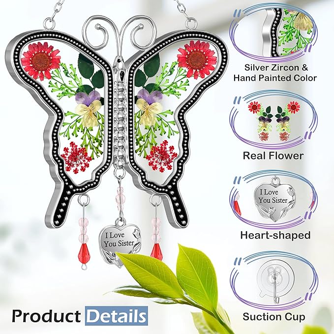 KY&BOSAM Butterfly Suncatcher I Love You Sister Stained Glass Panels Hangings for Windows Suncatchers Pressed Real Flower Wing in Glass Dream Catchers Birthday Mother`s Day Wind Chimes