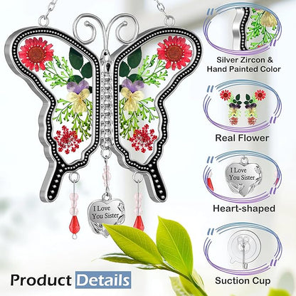 KY&BOSAM Butterfly Suncatcher I Love You Sister Stained Glass Panels Hangings for Windows Suncatchers Pressed Real Flower Wing in Glass Dream Catchers Birthday Mother`s Day Wind Chimes