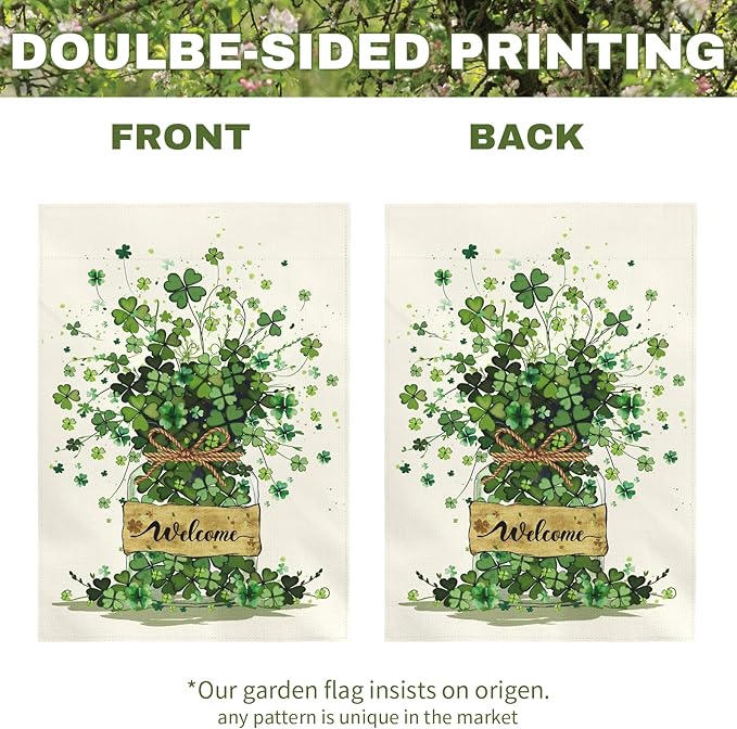 Spring Garden Flag 12x18 Inch Welcome Clover Design Double Sided Outdoor Yard Flags Seasonal Porch Patio Lawn Farmhouse House Banner Decorations for St Patricks Day and Everyday Home Décor