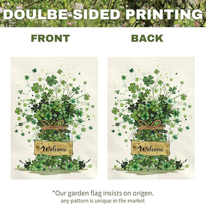Spring Garden Flag 12x18 Inch Welcome Clover Design Double Sided Outdoor Yard Flags Seasonal Porch Patio Lawn Farmhouse House Banner Decorations for St Patricks Day and Everyday Home Décor