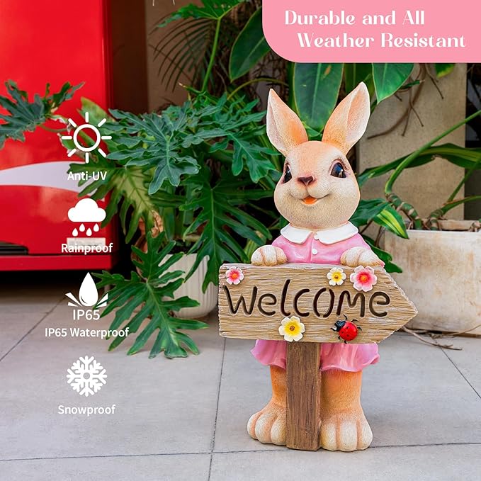 22" Solar Large Rabbit Statue Garden Decor Resin Standing Bunny Statue with Welcome Sign Outdoor Easter Decor for Porch Patio Lawn Yard Gardening Housewarming Gifts, Pink Rabbit