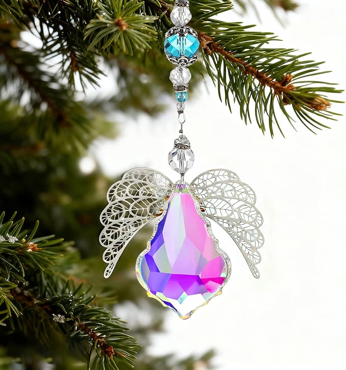 HDCRYSTALGIFTS 14'' Crystal Guardian Angel Suncatcher Rainbow Crystal Prisms Sun Catcher for Home Window Garden Hanging Decor Glass Angel Ornaments for Christmas Tree