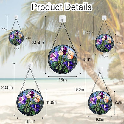 Stained Glass Window Hanging - Colorful Flower Suncatcher for Door Garden Patio Retro Floral Sun Catchers Decor Christmas Mother's Day Birthday Gifts for Women Mom Nana Friend 15 in