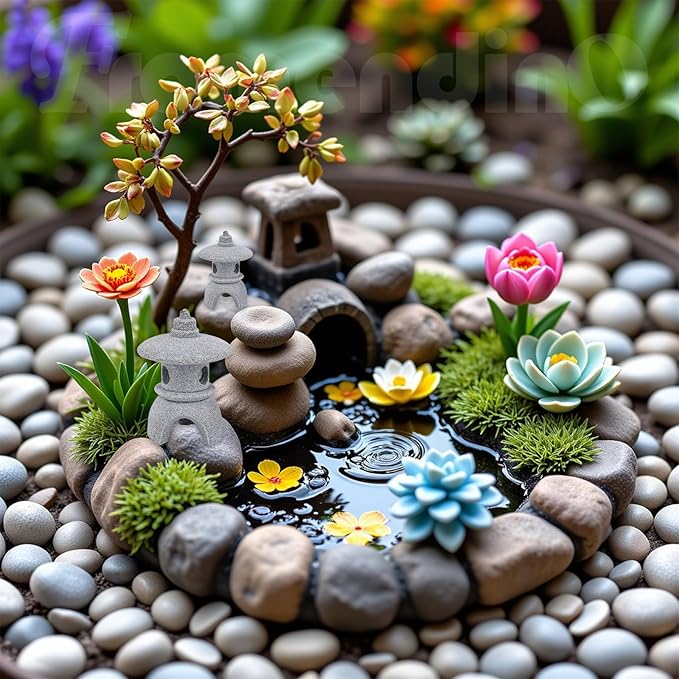 Framendino, 4 Pack Miniature Lantern Pagoda Statues Mini Zen Style Stone Lamp Decor for Bonsai Garden Decoration