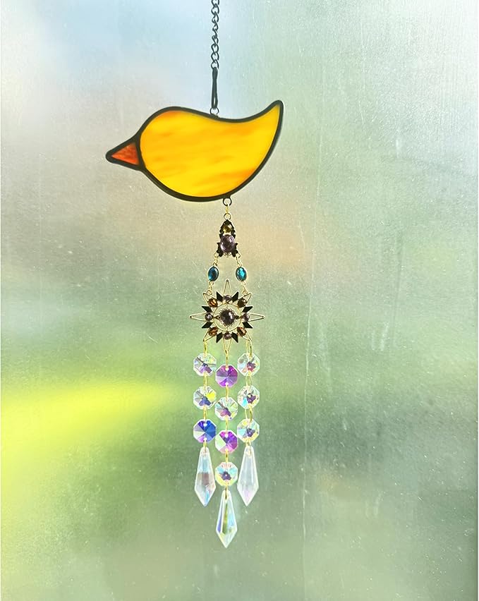 Handmade Cardinal Suncatcher with Sun Crystal Pendant, Stained Glass Window Hanging to Capture Rainbows, Meaningful Gift for Mom, Grandma, Garden Lovers-When Cardinals Appear
