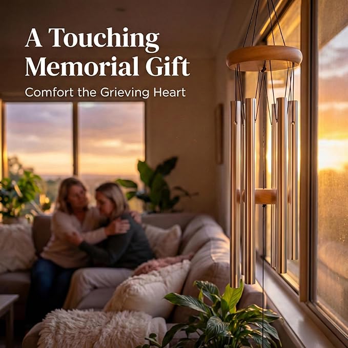 Memorial Wind Chimes for Loss of Loved One - 25 Inch Tone Silver Wind Chimes with 6 Tuned Tubes - Sympathy Gifts for Loss of Mother, Father, Loved One - Rust-Proof Garden Decor