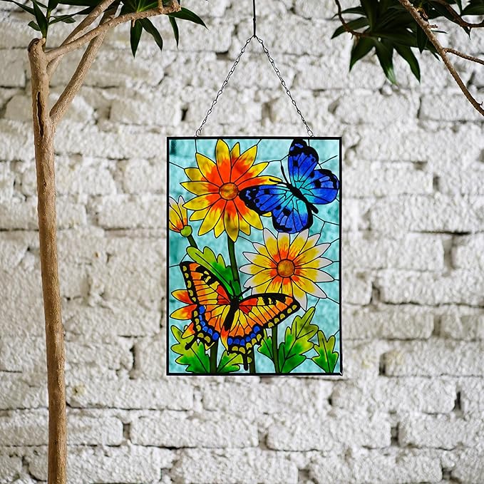 VinSees Large 15 * 11 Inch Butterfly Stained Glass Windows Hanging, Glass Panel and Metal Chains,Large Size Sun Catchers for Windows Hanging. Butterfly Wall Decorations for Balcony or Yard.