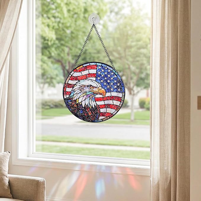 Stained Glass Window Hanging Suncatchers with American Bald Eagle 12.6", Vibrant Glass Panel with Metal Chain for Home Decor Gift for Women Mother's Day, Birthday, Men, and Mom