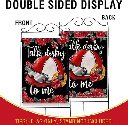 Artofy Kentucky Helmet Large Decorative House Flag, Talk Derby To Me Roses Churchill Downs Yard Garden Outside Decor, Horse Racing Horseshoe Burlap Outdoor Home Decoration Double Sided 28 x 40