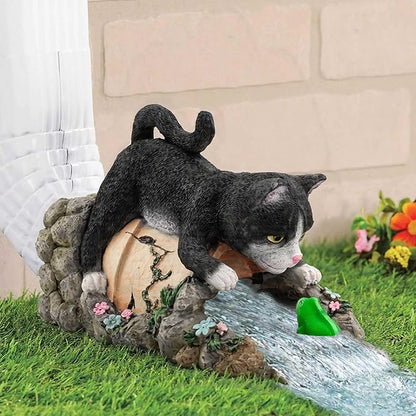 Tuxedo Cat Statue Gutter Downspout Extensions, Black Cat Figurine Rain Gutter Downspout Splash Block Cover Sculpture Decorative, 3" × 4" Downspouts