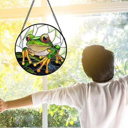DASTOLL Stained Glass Window Hanging, Green Frog White Petals Sun Catchers Colorful Glass Panel Cute Suncatcher Decor for Birthday for Women, Men, Wife, Aunt, and Mom 9.8 in