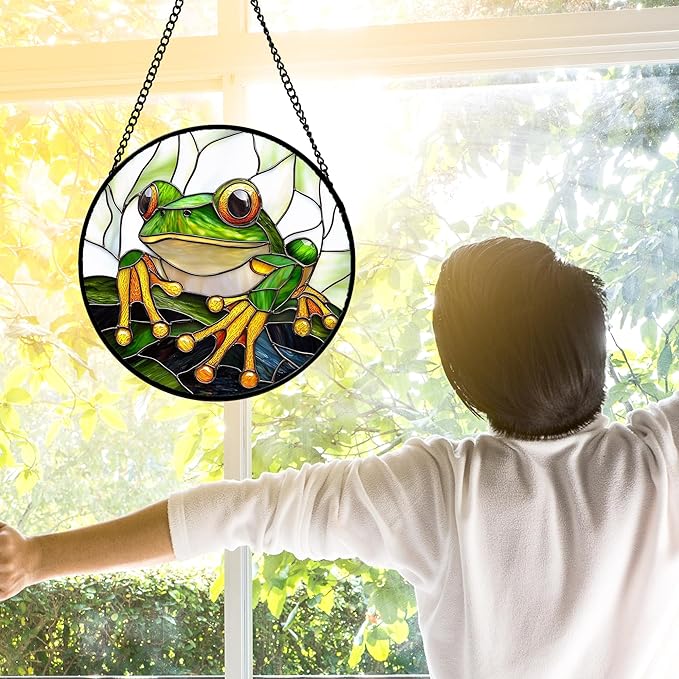 DASTOLL Stained Glass Window Hanging, Green Frog White Petals Sun Catchers Colorful Glass Panel Cute Suncatcher Decor for Birthday for Women, Men, Wife, Aunt, and Mom 11.8x11.8 in