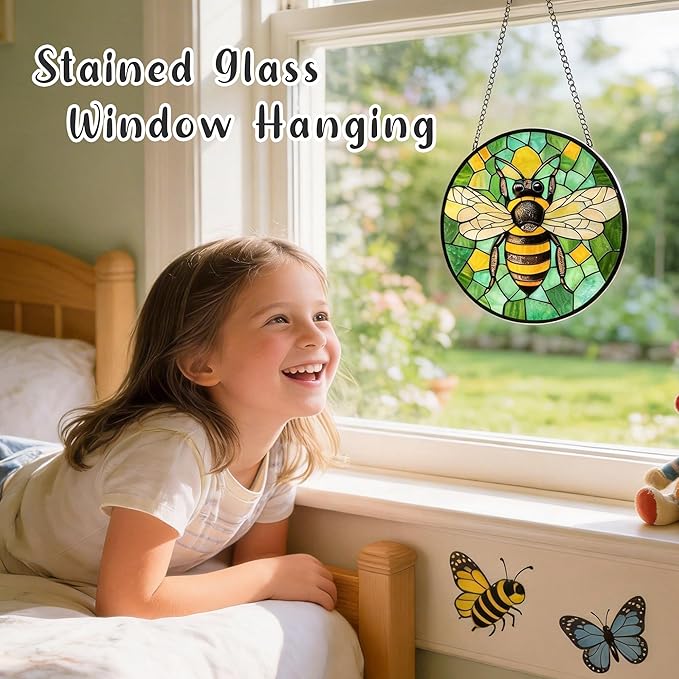 Stained Glass Window Hanging - 4 Pack Sun Catcher Set Featuring Bee, Butterfly, Hummingbird & Mantis - Vibrant Home Decor Garden Decor - Suncatchers Gifts for Women, Mom & Nature Lovers, 6.3 Inch
