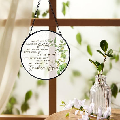 Christian Gifts for Woman, Christian Suncatchers Stained Glass Window Hanging, Goodness of God Bible Verse Sun Catchers Indoor Window Glass Round Wall Decor, Religious Wall Hanging, 7.9x7.9in