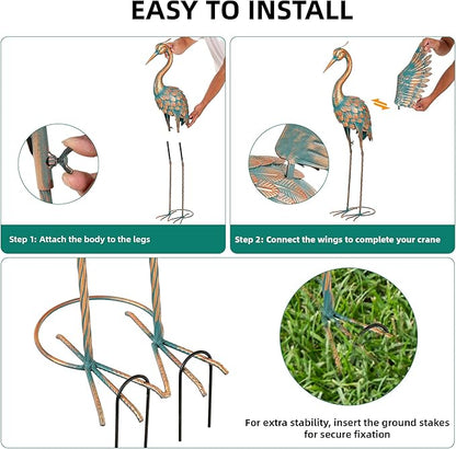 Extra-Large Metal Crane Statue, 36.8" Handcrafted Blue Heron Decor Sculptures with Stable U-Ground Stakes, Backyard Decoration, Metal Garden Bird Animal Yard Art, Lawn Ornament Decor