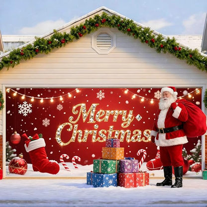 IVN Christmas Garage Door Cover Decoration 13x6ft Red Stockings Candy Canes Snowflakes Ornaments Merry Christmas Winter Garage Door Banner Home Door Front Yard Decor for Xmas Eve Holiday Outdoor