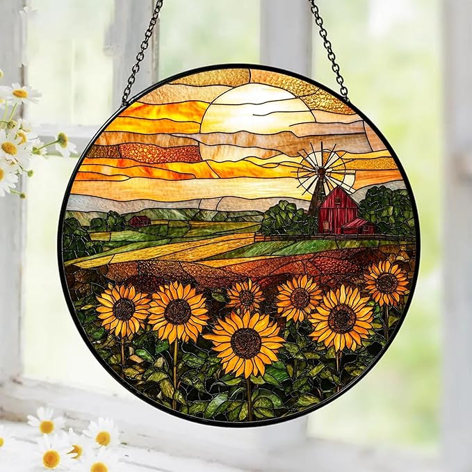 Sunflower Stained Glass Suncatcher Window Hanging Decor, Birthday, Mothers Day, Christmas Sunflower Gifts for Women Adults, Friends, Sisters, Teachers, Home Decors for Window, Kitchen, Garden, Patio