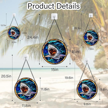 CHATYOUNG Stained Glass Window Hanging Ocean Sea Ferocious Big Shark 9.8" - Suncatcher Door Garden Sunroom Sun Catcher Home Decor Father's Day Birthday Christmas for Mom Men Woman Father Friend