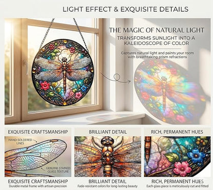 Dragonfly Stained Glass Window Hanging - Colorful Stained Glass Window Panel Decor - Sun Catchers Indoor Window Art for Home Garden, Gifts for Women Mom (6 Inch)