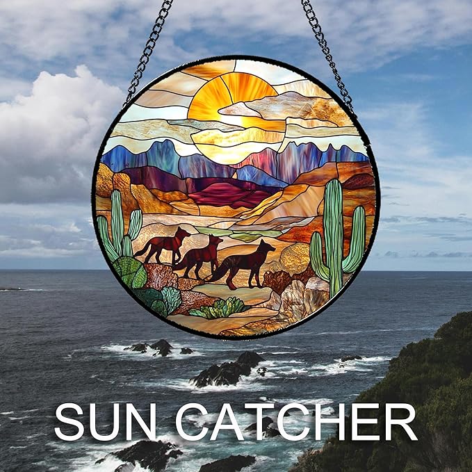 CHATYOUNG Stained Glass Window Hanging Sunset Desert Landscape Wolf 6.3" - Suncatcher Door Garden Sunroom Sun Catcher Home Decor Birthday Father's Day Christmas for Mom Woman Nana Men Friend