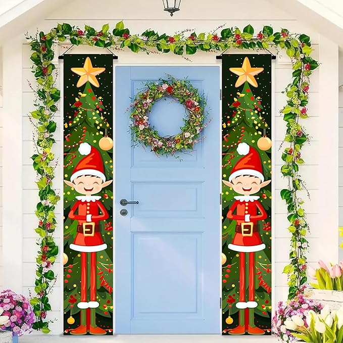 BlissYard Christmas Elf Door Banner 71x12 inch Christmas Tree Hanging Porch Banner Cute Holiday Decorations for Kids Front Door Xmas Party Fireplace Entryway Wall Decor Outdoor Sign