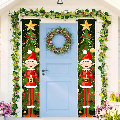 BlissYard Christmas Elf Door Banner 71x12 inch Christmas Tree Hanging Porch Banner Cute Holiday Decorations for Kids Front Door Xmas Party Fireplace Entryway Wall Decor Outdoor Sign
