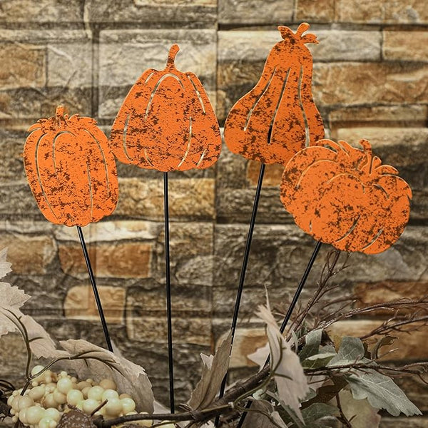 Chunful 4 Pcs Thanksgiving Decorative Garden Stakes Vintage Pumpkin Yard Stakes for Flower Planter Pot Fall Outdoor Rustic Metal Yard Sign Thanksgiving Decorations Autumn Harvest Halloween Patio Lawn