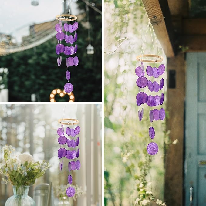 2 Pack Capiz Wind Chimes for Outside, Outdoor Seashell Hanging Beach Coast Ocean Home Decorative, Unique Natural Shell Waterfall Windchimes for Summer Patio, Great Memorial Sympathy Gift（Purple