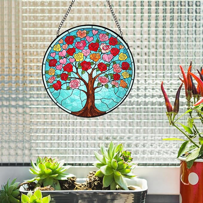 Tree of Life Stained Glass Suncatcher, Pink Love Tree Stained Glass Window Hanging, Valentines Day Window Decorations, Meaningful Gift for Mom, Grandma, Birthday & Mother’s Day, 7.9x7.9in