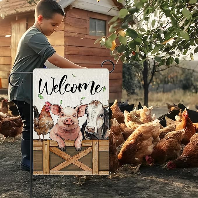 Dyrenson Welcome Farm Animals Decorative Garden Flag, Pig Cow Rooster Yard Outside Home Decoration, Farmhouse Burlap Outdoor Small Decor Double Sided 12 x 18