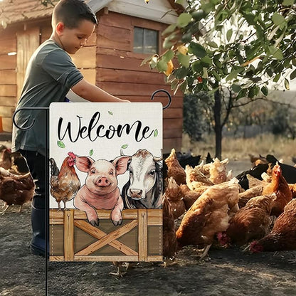 Dyrenson Welcome Farm Animals Decorative Garden Flag, Pig Cow Rooster Yard Outside Home Decoration, Farmhouse Burlap Outdoor Small Decor Double Sided 12 x 18