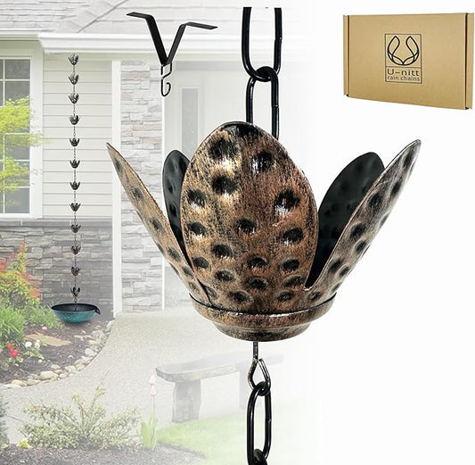 U-nitt Rain Chain Water Collection for Gutters Rainwater Catcher & Diverter, 8.5 FT Chains for Outside Garden, Copper Lily Cups, Roof Downspout, Works with Heavy Rain, w/Gutter Clip for Rainchains