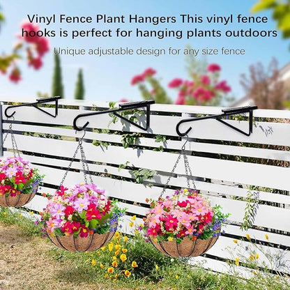 Adjustable (0.9-3") Vinyl Fence Hooks for Hanging Plants, Over the Railing Fence Plant Hangers Outdoor, Black Heavy Duty Coated Steel Patio Hooks for Hanging Bird Feeders, Lights, Basket, Pool Tools