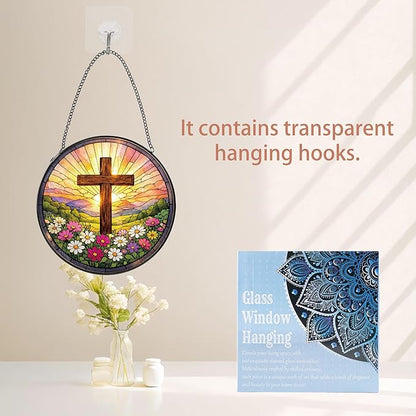 Stained Glass Window Hanging Suncatcher, 8" Round Religious Cross Sun Catcher, Decorative Glass Art for Home Garden, Faith Gift for Women Mom Grandma