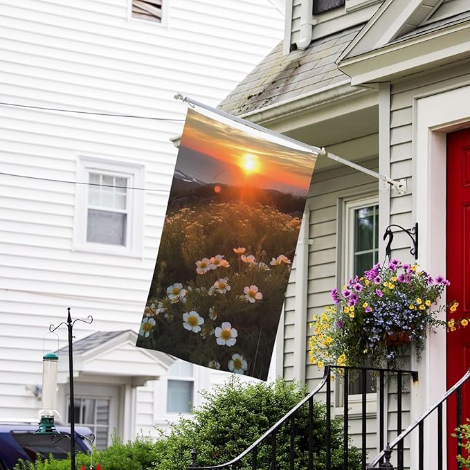 Sunset and Flowers Flag 3x5 Ft Outdoor Flags Vertical Double Sided Garden Flag Funny Outside Yard Flag Party Banner for Wall Art Hanging Poster Indoor Outdoor Decoration