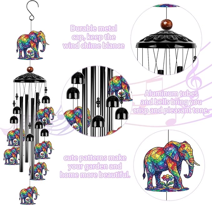 Mothers Day Elephant Gifts for Women, Colorful Elephant Wind Chimes for Outside, Outdoor Windchime for Home Garden Patio Porch Yard Decor