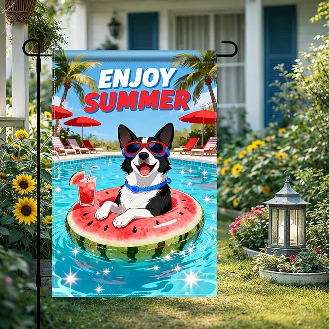 BlissYard Enjoy Summer French Bulldog Garden Flag 12x18 Double Sided Vertical Outdoor Pool Party Dog Decor Sunglasses Float Yard Lawn Patio Tropical Banner