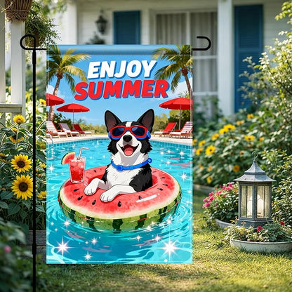 BlissYard Enjoy Summer French Bulldog Garden Flag 12x18 Double Sided Vertical Outdoor Pool Party Dog Decor Sunglasses Float Yard Lawn Patio Tropical Banner