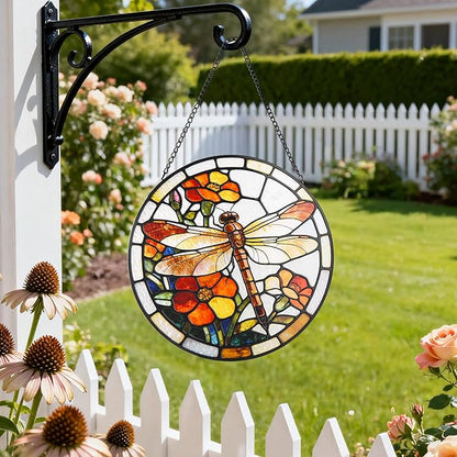 Stained Glass Window Hanging, Dragonfly Circular Painted Glass Suncatcher with Chain & Suction Cup for Home Garden Door Decor, Birthday for Women Men Mom 7.8 in