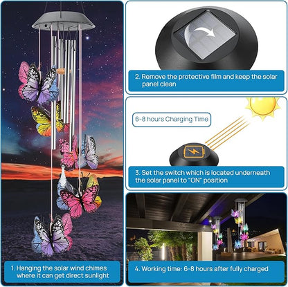 Solar Butterfly Wind Chimes, Color-Changing, Outdoor, Solar-Powered, 9.5 x 5.25 x 2 inches