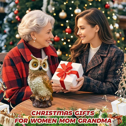 Solar Owl Garden Statues Outdoor Decor Resin Owl Figurine with LED Lights Owl Sculpture for Porch Patio Lawn Yard Decorations Christmas Housewarming Gifts for Women Mom,Brown Owl