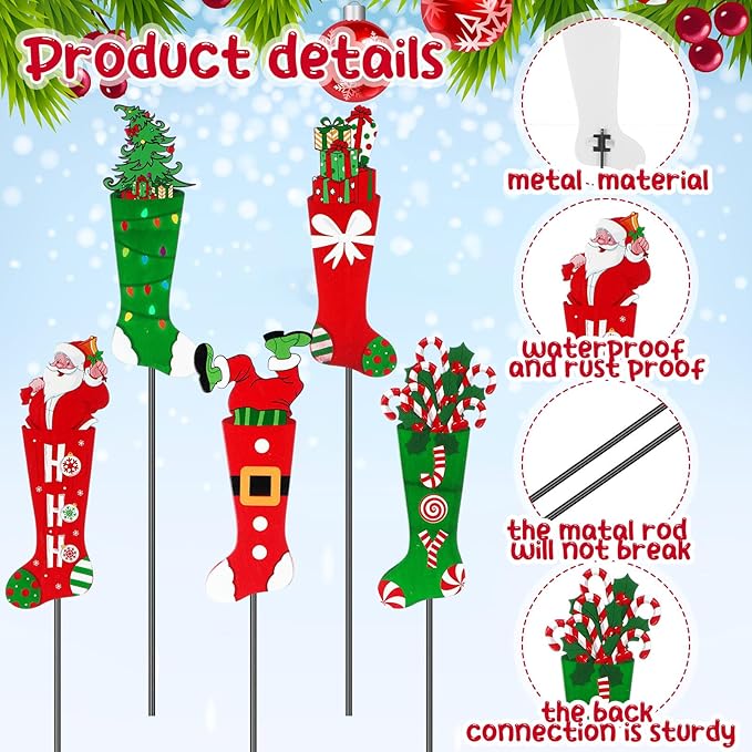 Roowest 5 Pack 12'' H Metal Christmas Yard Stakes Outdoor Decorations Red and Green Christmas Stocking Elf Santa Signs Winter Potted Plant Stakes for Holiday Lawn Garden Home Porch Party Decor