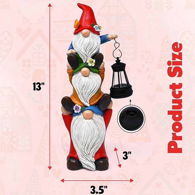 Gift Boutique Solar Garden Gnome Statue with Lantern Stacked Gnomes Outdoor Decor Lighted Yard Lawn Patio Decoration Whimsical Resin Figurine Home Accent
