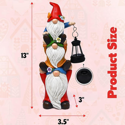 Gift Boutique Solar Garden Gnome Statue with Lantern Stacked Gnomes Outdoor Decor Lighted Yard Lawn Patio Decoration Whimsical Resin Figurine Home Accent