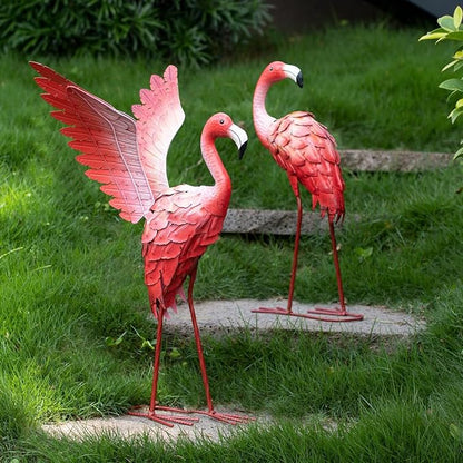 Natelf Flamingos Garden Statues Small Outdoor Decor, Set of 2 Metal Yard Art with Spread & Folded Wings, Weather-Resistant Pink Flamingo Lawn Sculpture for Patio, Backyard - Gift for Women, Mom