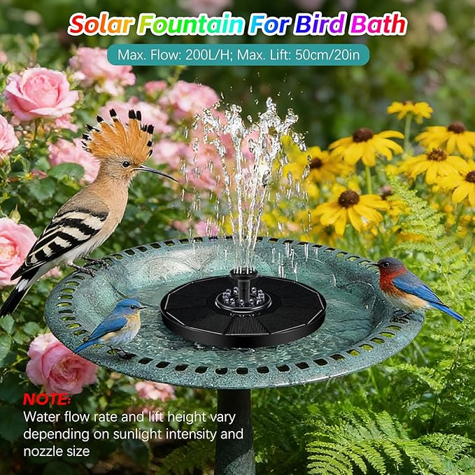 Jhua Solar Fountain for Bird Bath Pump with Led Lights Solar Powered Water Pump Kit with 8 Nozzles 200L/H Floating Water Fountain for Outdoor Garden Ponds Pool Fish Tank Aquarium