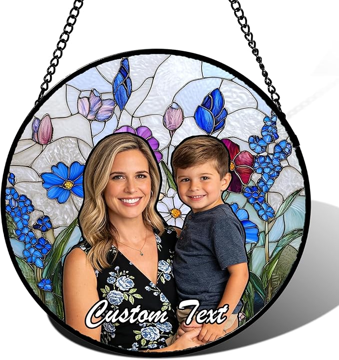 Personalized Custom Photo Boy Mom Stained Glass Window Hanging - Customized Ornaments Memorial Gifts Suncatchers Christmas Birthday Mother's Day for Lovers Women Men Dad Mom Grandma
