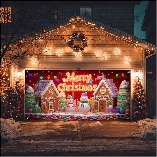 HOMETITUTE Christmas Garage Door Cover 13x6ft Snowman Gingerbread House Holiday Banner Red Background Colorful Lights Gift Boxes Seasonal Backdrop Outdoor Indoor Winter Party Festive Wall Porch