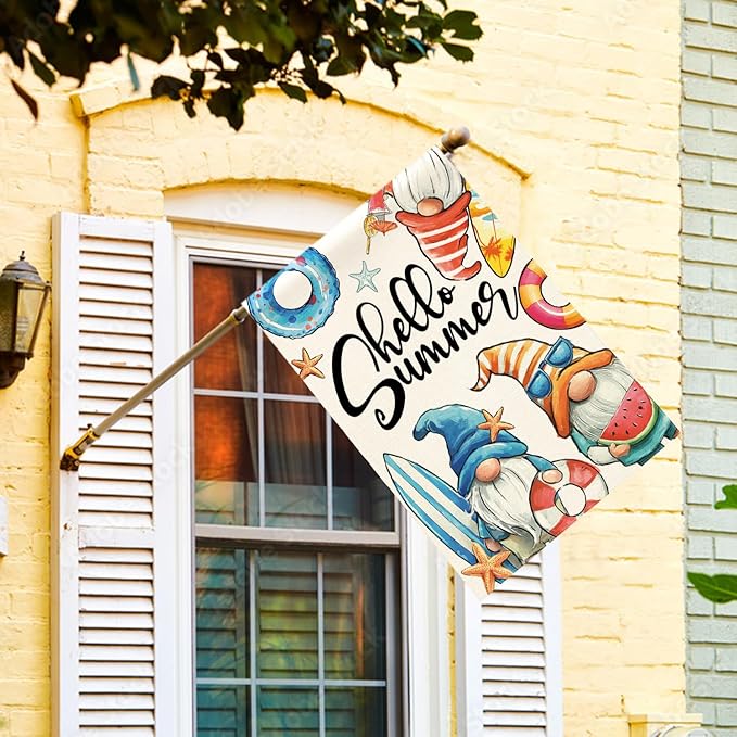 AVOIN colorlife Hello Summer Gnomes House Flag 28x40 Inch Double Sided, Coastal Seasonal Holiday Burlap Yard Outdoor Decoration